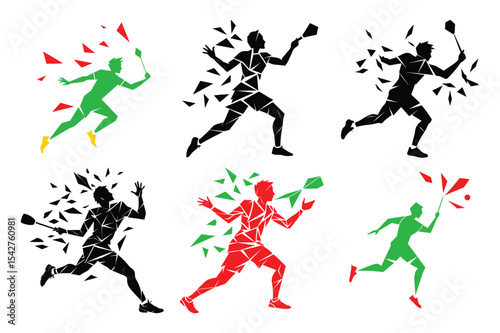 Abstract badminton player action silhouettes.