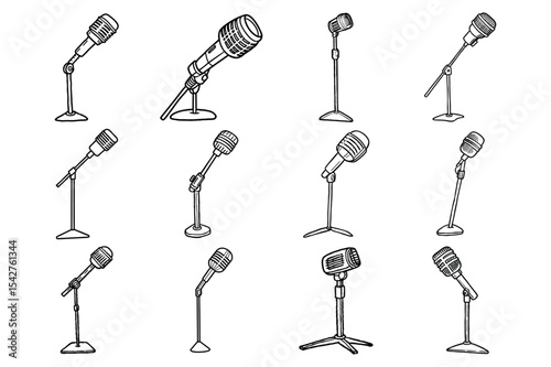 Set of hand drawn sketch mic stand,microphone vector illustration on white background.