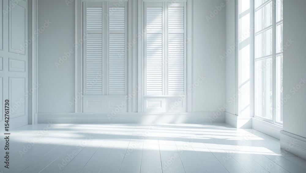 Fototapeta premium Empty white room with sunlight streaming through large windows