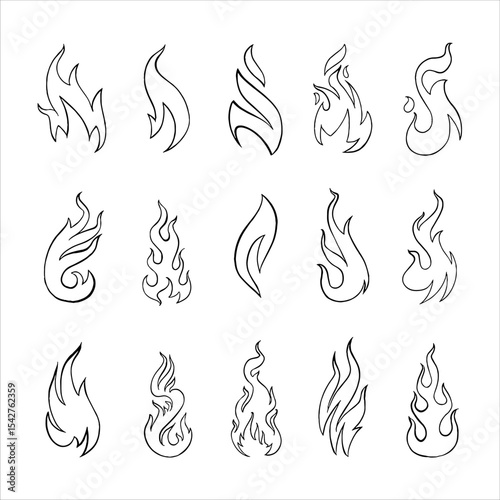A collection of 15 unique flame icons in clean line art style. Each flame design varies in shape and flow, perfect for use in logos, illustrations, tattoos, or graphic design projects symbolizing ener