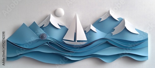 Paper art landscape of mountains, waves, and a sailboat