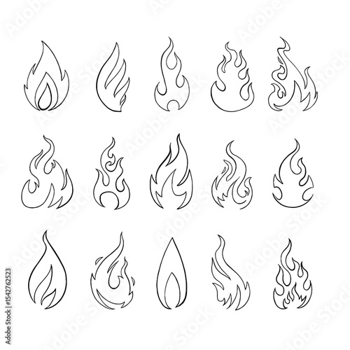 A collection of 15 unique flame icons in clean line art style. Each flame design varies in shape and flow, perfect for use in logos, illustrations, tattoos, or graphic design projects symbolizing ener