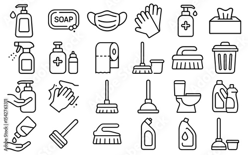 Collection of cleaning and hygiene icons representing cleanliness disease prevention and personal care essential items
