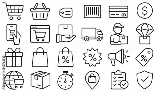 Elegant line art illustrations representing elements of online shopping and delivery services network