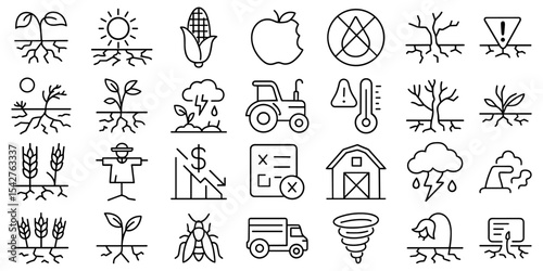 Various crop failure farming and agriculture icons that reflect challenges and successes in the agricultural industry