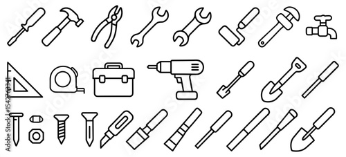 Detailed line art illustration showcasing a variety of essential hand tools for construction and repair work