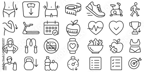 Diverse vector icons illustrate weight loss health and fitness elements in a minimalist outline style design