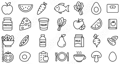 Line art illustration featuring healthy food icons showcasing balanced diet and nutritional values