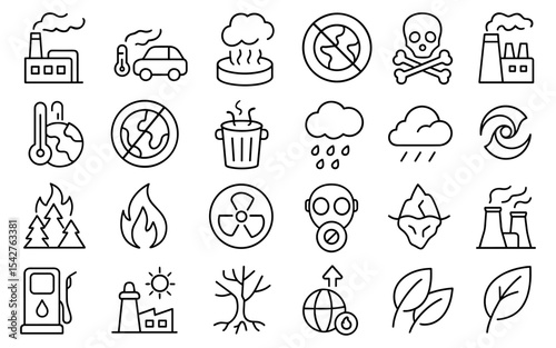 Vector outline illustration set of environmental pollution symbols representing global warming and its impact
