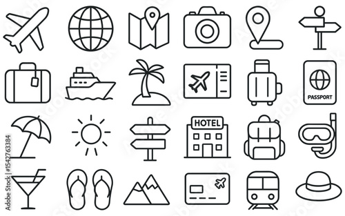Minimalist line art illustration showcasing travel and vacation icons for diverse tourism themes and representations
