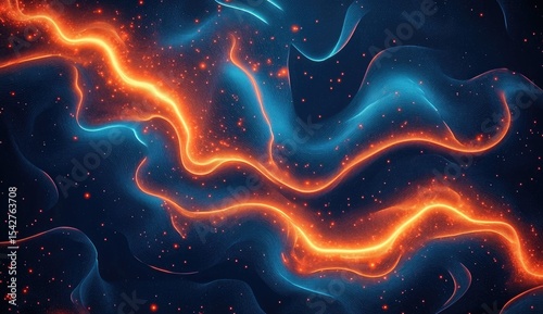 Abstract swirling patterns of orange-red and blue energy flowing on a dark background, with scattered glowing particles