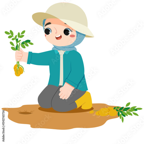 Cute hijab asian girl is harvesting potato in farmland in a summer