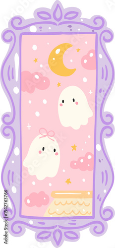 Ghosts Under Moon in Tall Frame Illustration, Cute Halloween Clipart, Kawaii Spooky Night Scene Graphic

