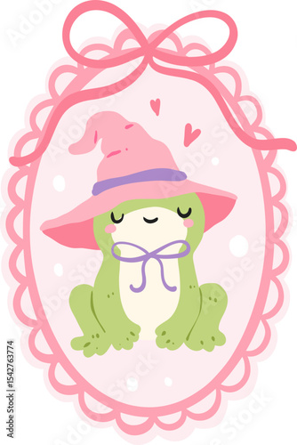Witch Frog in Ornate Frame Illustration, Cute Halloween Clipart, Kawaii Magical Animal Portrait Graphic

