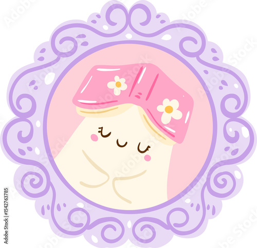 Ghost with Hair Curlers in Ornate Frame Illustration, Cute Halloween Clipart, Kawaii Cozy Spooky Graphic


