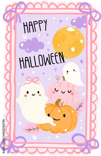 Happy Halloween Ghosts and Pumpkins Illustration, Cute Spooky Clipart, Kawaii Pastel Holiday Graphic

