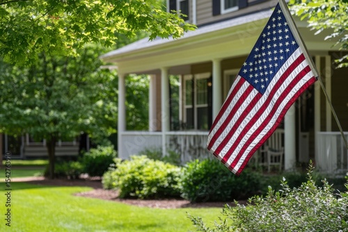 American flag waving in front of a charming home on a sunny day in a quiet neighborhood, United States flag in front of a home