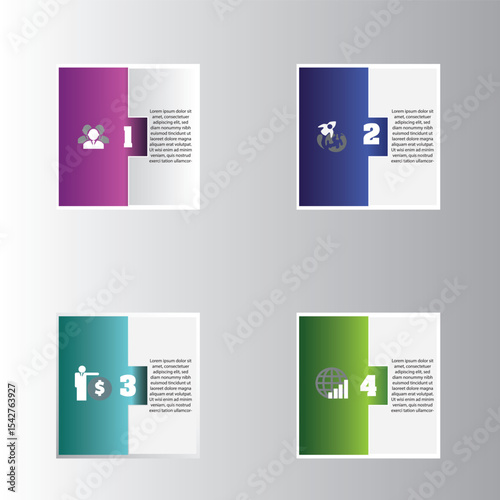 Modern square infographic design with numbered steps, icons, and colorful blocks. Ideal for data visualization, business process, report, or step-by-step presentation layout.