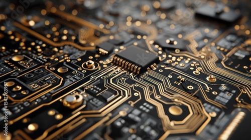 Digital circuit board layout in golden tones, highlighting innovation and electronic structure