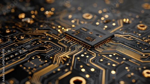 Futuristic gold circuit board with dark accents, reflecting high-tech complexity and precision