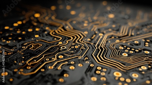 Golden circuit board pattern with black details, showcasing modern technology and intricate design