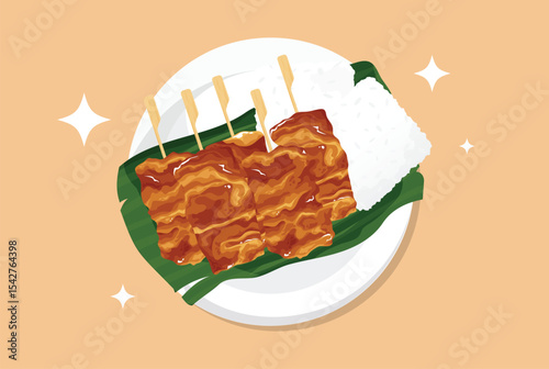 Delicious "Moo Ping" grilled pork skewers with sticky rice vector illustration. Authentic Thai street food served on a banana leaf. Perfect for Asian cuisine menus, food blogs, and restaurant designs.