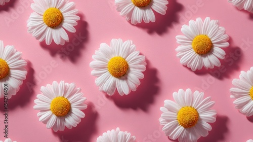 White daisy chamomile flowers in circular pattern on pale pink background, minimalist aesthetic with copy space, conveying serenity