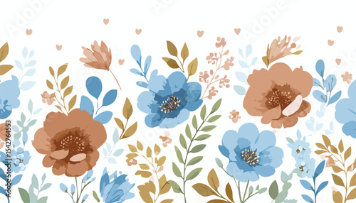 Cute blue anf brawn floral watercolor seamless pattern with white watercolor background. Flower vector illustration. Watercolor print in rustic vintage style,canada, ink, springtime, textured, 