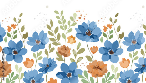 Cute blue anf brawn floral watercolor seamless pattern with white watercolor background. Flower vector illustration. Watercolor print in rustic vintage style,canada, ink, springtime, textured, 
