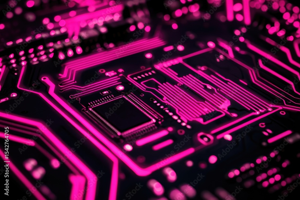 Obraz premium Close-up of a glowing pink circuit board