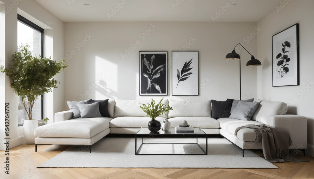 Fototapeta premium Modern Living Room Poster Frame Mockup,ISO A Paper Size,3D Interior Design Scene,Interior mockup with house background