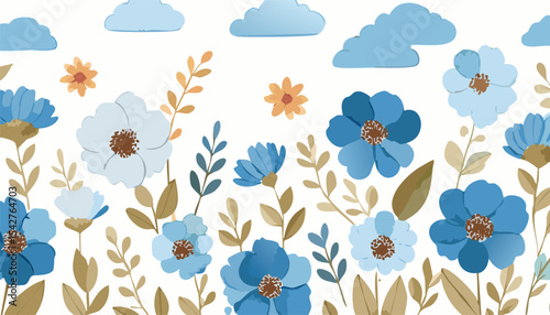 Cute blue anf brawn floral watercolor seamless pattern with white watercolor background. Flower vector illustration. Watercolor print in rustic vintage style,canada, ink, springtime, textured, 