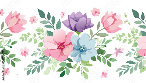 Cute blue anf brawn floral watercolor seamless pattern with white watercolor background. Flower vector illustration. Watercolor print in rustic vintage style,canada, ink, springtime, textured, 