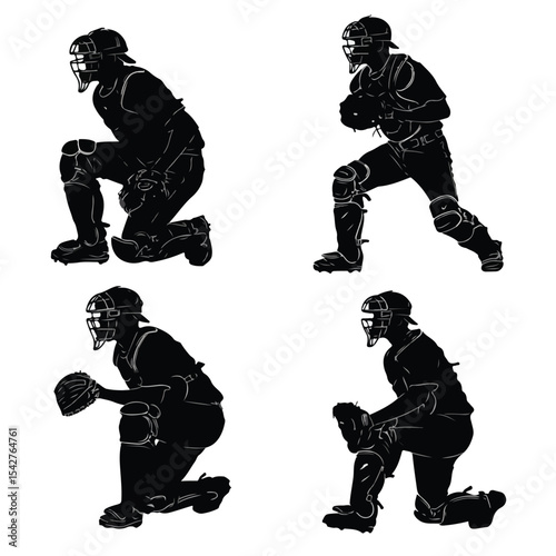 baseball catcher silhouette set, Black & White silhouette set 