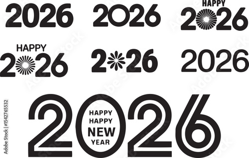 2026 Happy New Year Logo Collection – Black Typography Design Set on White Background