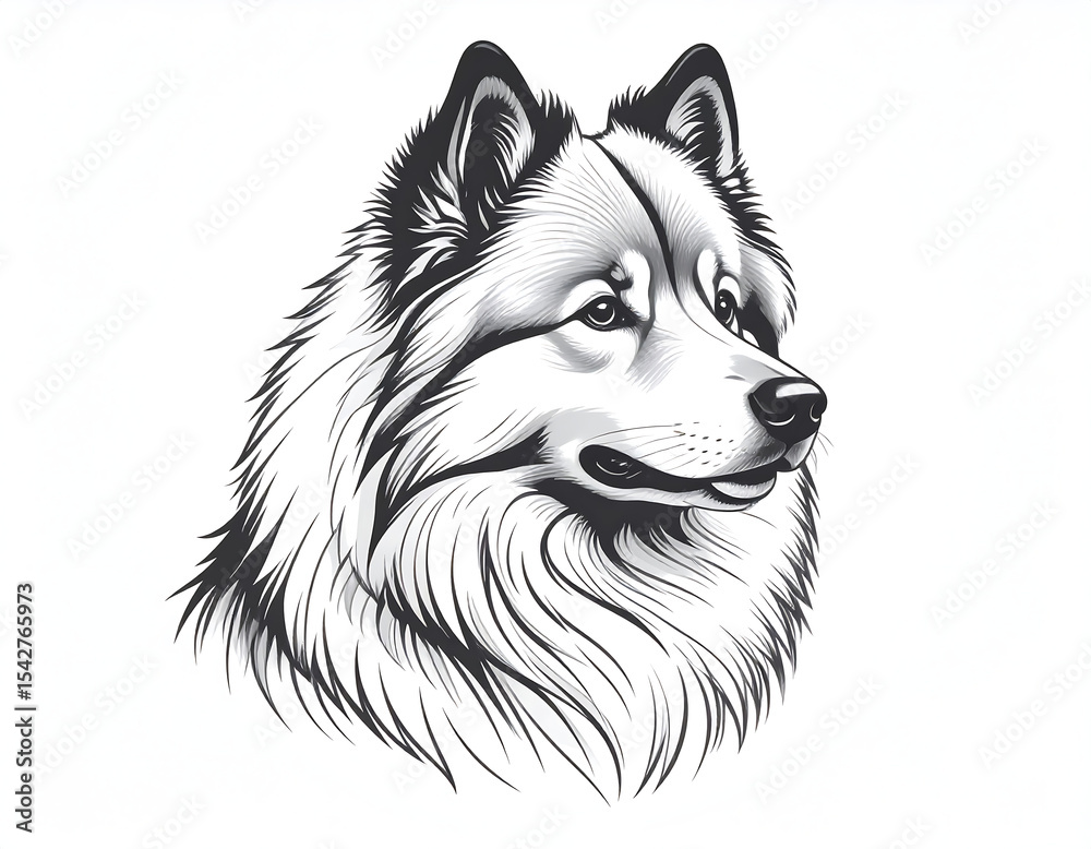 Naklejka premium Black and white portrait of Keeshond dog. Generative AI