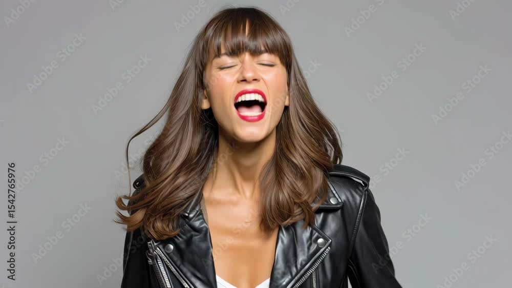 Woman with long brown hair wearing a black leather jacket, joyfully laughing with eyes closed, showcasing vibrant expression and confidence, against a neutral gray background, capturing a moment of ha