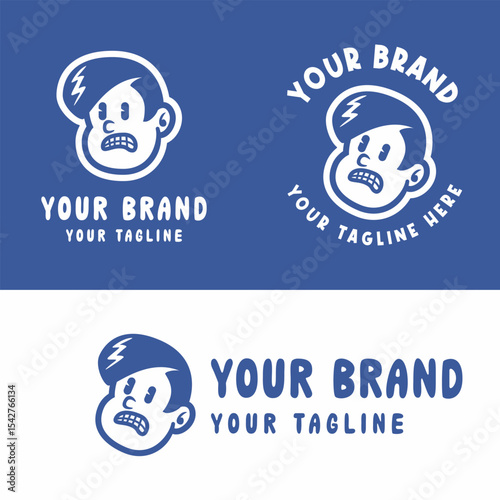 Retro cartoon boy logo with angry expression in blue and white. Perfect for playful, edgy, or youth-oriented branding. Editable EPS vector for scalable use in any design project