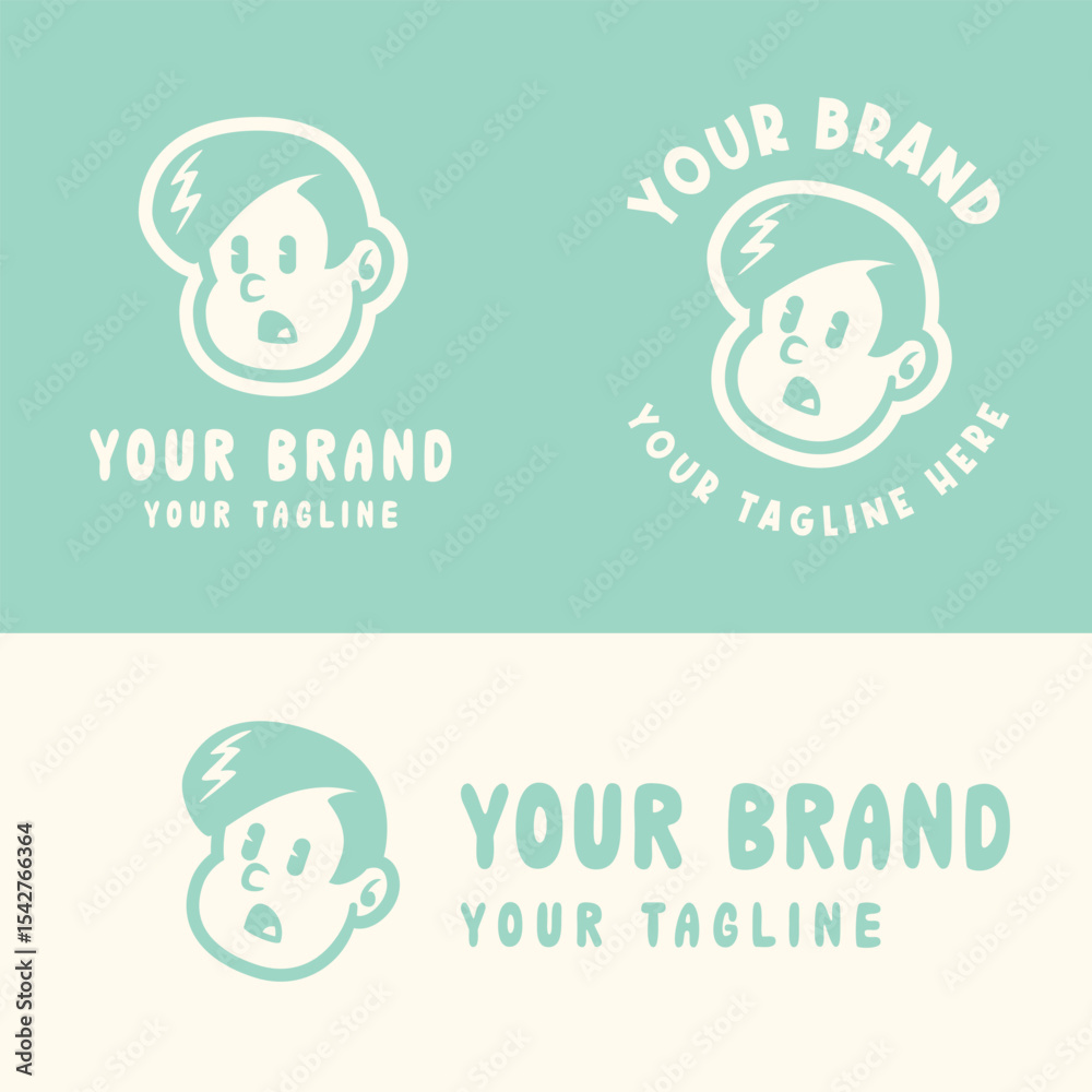 Fototapeta premium Retro cartoon boy logo with angry expression in blue and white. Perfect for playful, edgy, or youth-oriented branding. Editable EPS vector for scalable use in any design project