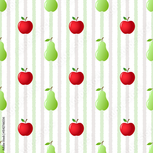 Abstract seamless pattern of soft green and gray vertical lines with green pears and red apples on white background. Used for background, wallpaper, or other decorative purposes.