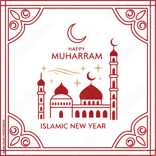 Happy Muharram Islamic New Year Poster with Red and Gold Ornate Frame and Crescent Moon Design