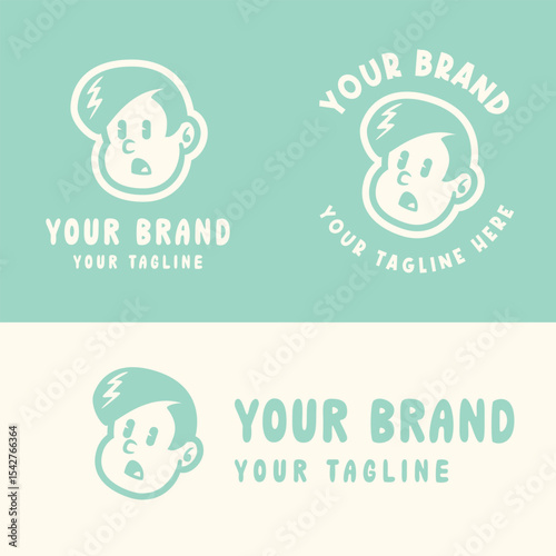 Retro cartoon boy logo with angry expression in blue and white. Perfect for playful, edgy, or youth-oriented branding. Editable EPS vector for scalable use in any design project