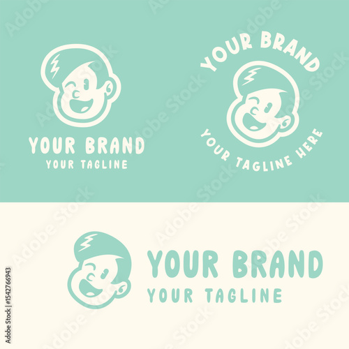 Retro cartoon boy logo with angry expression in blue and white. Perfect for playful, edgy, or youth-oriented branding. Editable EPS vector for scalable use in any design project