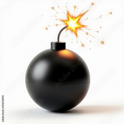Classic Round Bomb with Burning Fuse on White Background Symbolizing Imminent Explosion and High-Risk Situations