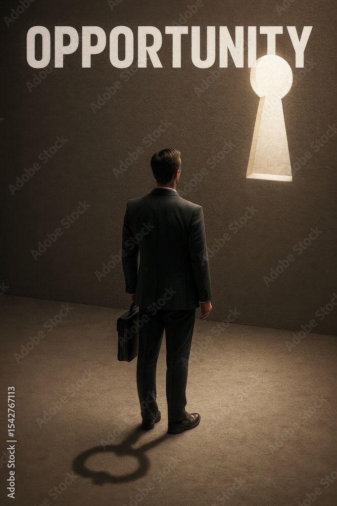 Obraz premium A Man Stands Before a Keyhole of Opportunity, Contemplating His Future and Career Path, Ready to Seize the Moment and Achieve Success