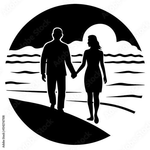 Silhouette of couple holding hands great for sunset love story and vacation themes