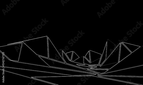 Minimalist digital landscape with glowing white polygonal mountain outlines on a deep black background. A futuristic, abstract terrain perfect for technology and design.