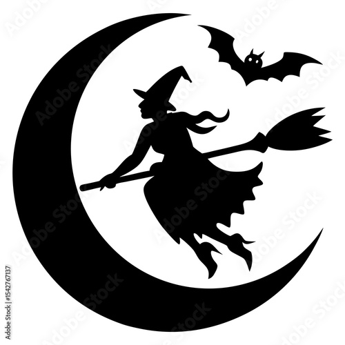 Flying witch silhouette for Halloween night party invitation and fantasy themes