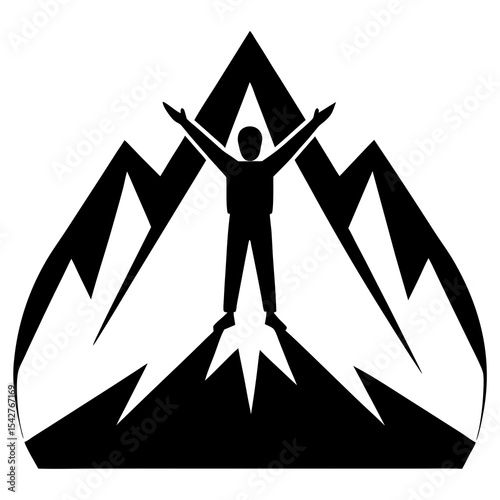 Silhouette of a hiker on mountain peak represents achievement travel and adventure