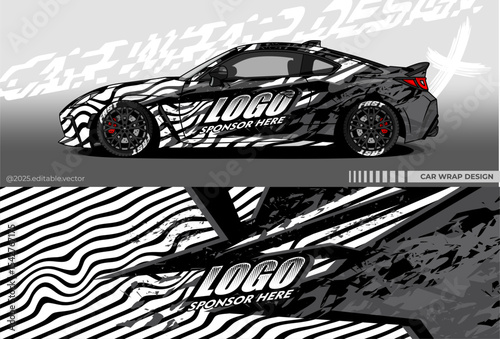 Car Wrap Design with black and white colour. Abstract livery decal. Mockup template wraping for car. Suitable for racing, rally, drift, or daily use